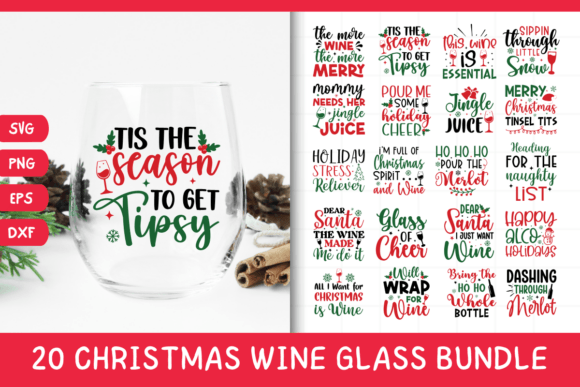 20 Christmas Wine Glass Quote SVG Bundle: Graphics for Crafts & Cheer
